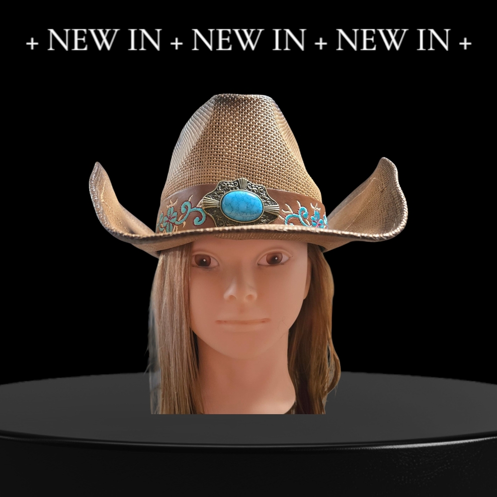 Western Fedora Straw Cowboy Hat with Turquoise Accent